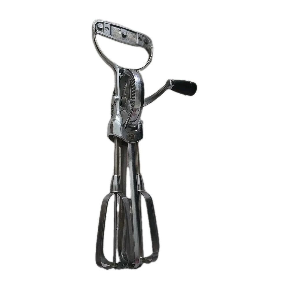 Vintage Silver Stainless Steel Double Egg Beater Manual Crank Handheld Mixer